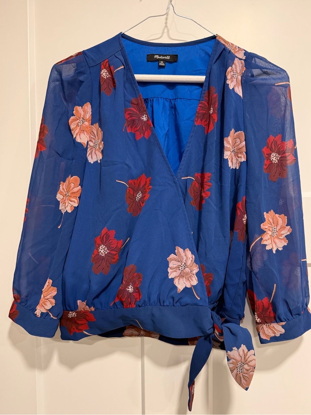 Madewell Blue Floral Sheer Sleeve Wrap Blouse XS Tie Waist